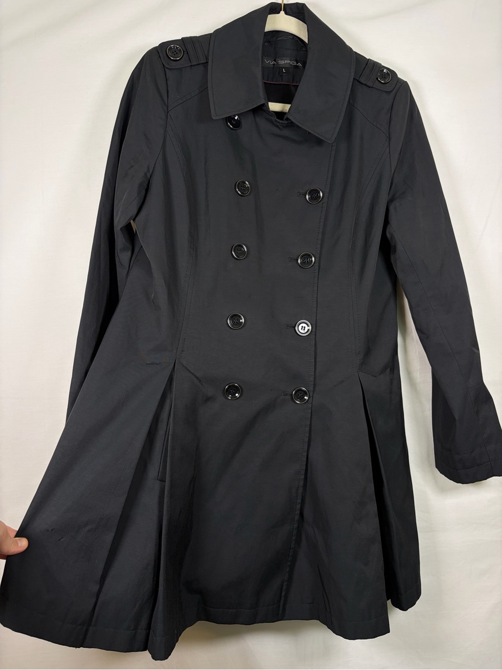Y2K/2010s Via Spiga Black Double-Breasted Trench Rain Coat Size L Fit and Flare